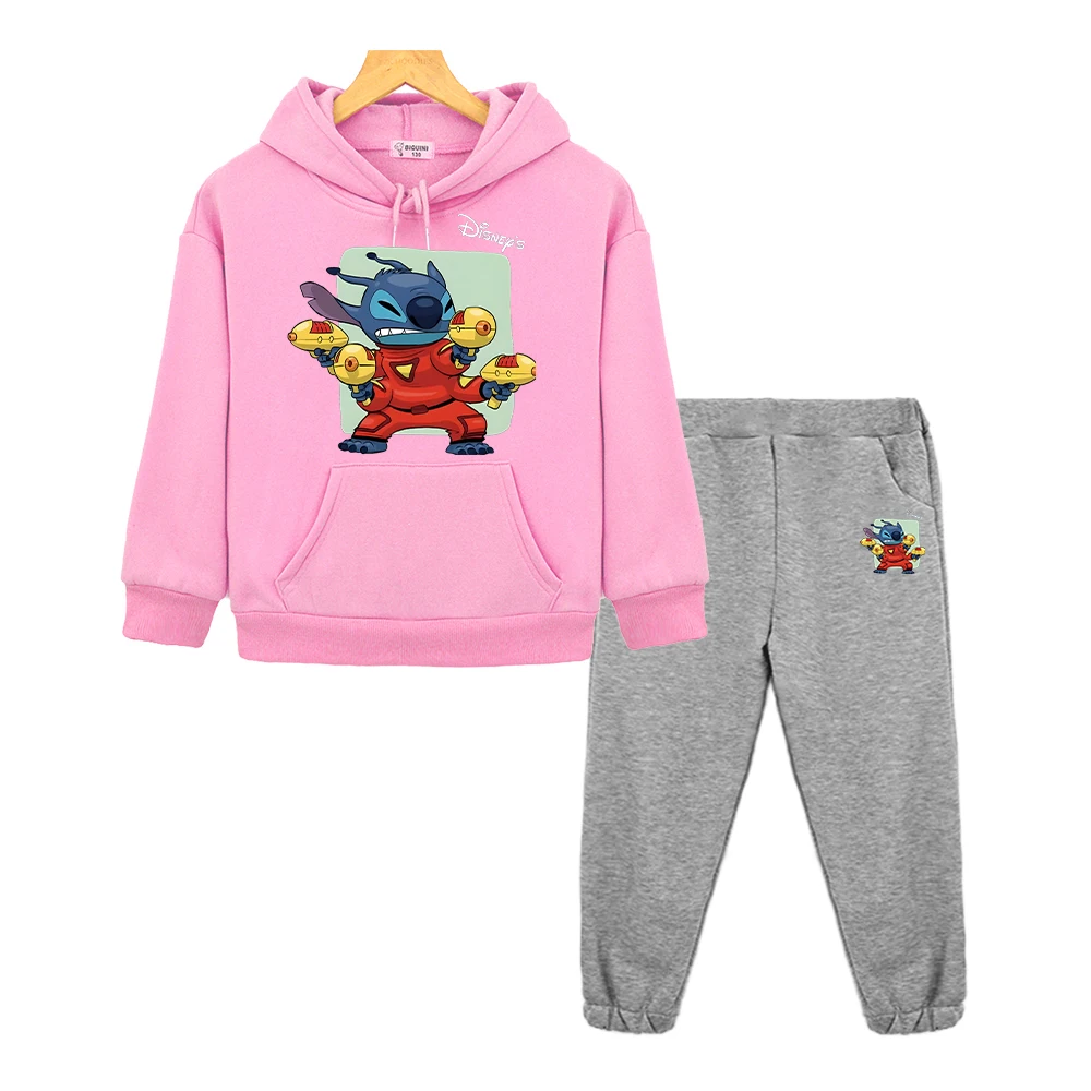 Stitch Anime hoodie kaus bulu domba olahraga anak laki-laki perempuan set bertudung olahraga Disney kasual 2 potong pullover + Celana Jaket pakaian butik anak-anak