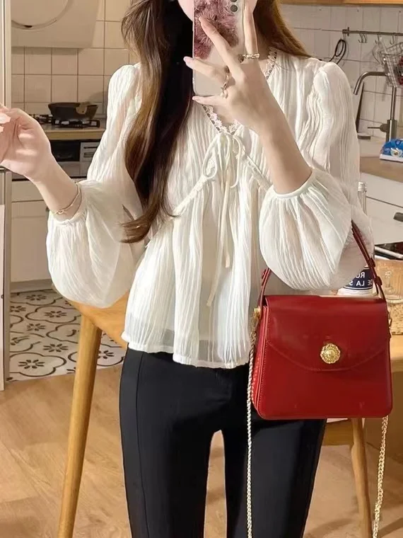 Elegant V-Neck Lace Chiffon Top Women's Long Sleeve Spring Summer New Korean Style Slimming Fairy Atmosphere Small Shirt