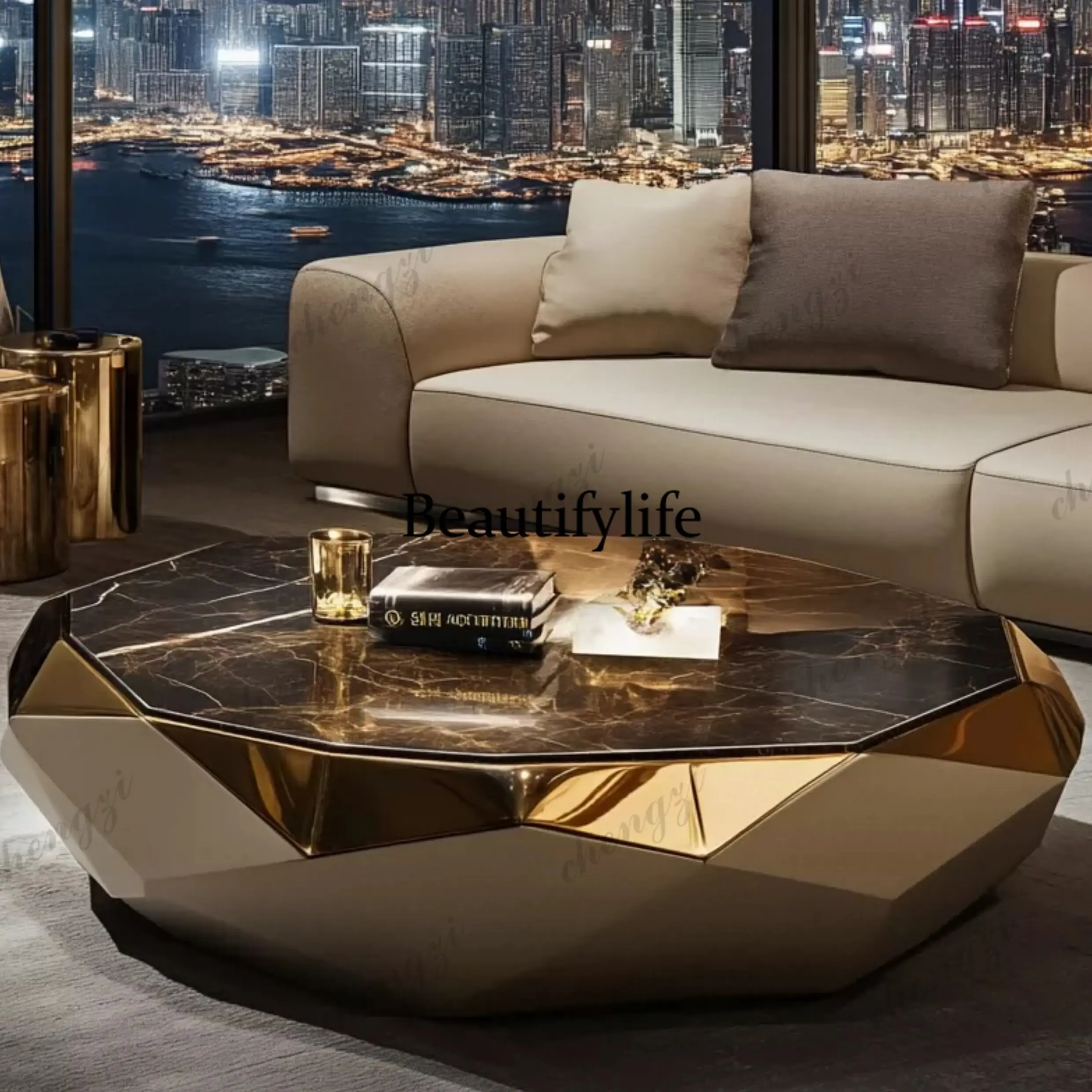 New light luxury high-end microcrystalline stone coffee table stainless steel base large flat floor living room high-end