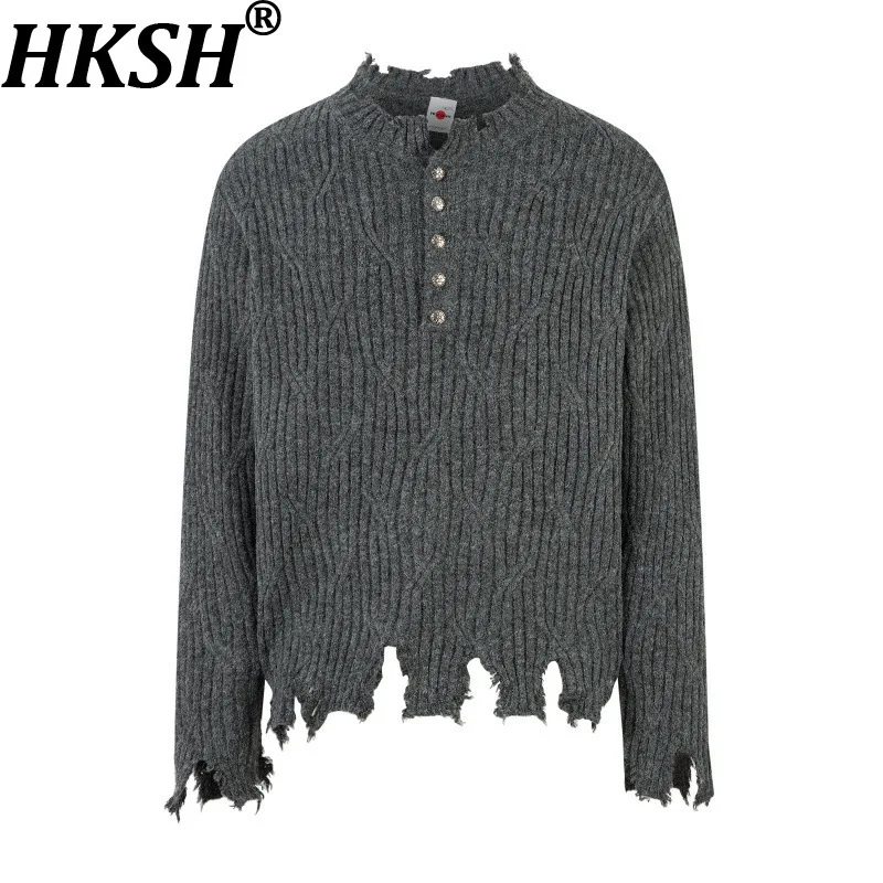 

HKSH осень-зима новый мужской модный винтажный свитер в американском стиле с половиной пуговиц модный рваный темный трикотаж Ins HK13998