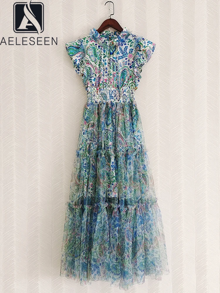 

AELESEEN Designer Fashion Women Dress Spring Summer Butterfly Colorful Flower Print Ruffled Waist Elastic Blue Pink Mesh Party