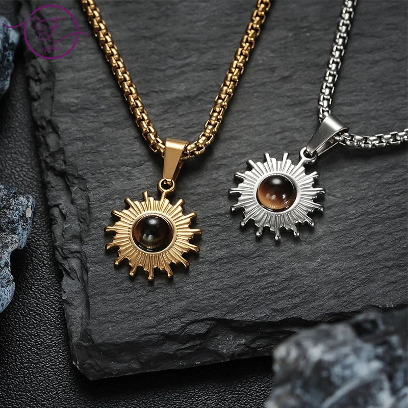 

Trendy Sunflower Necklace for Men Boys Stainless Steel Natural Stone Pendant Niche Versatile Hoodie Chain Unique Jewelry Gift