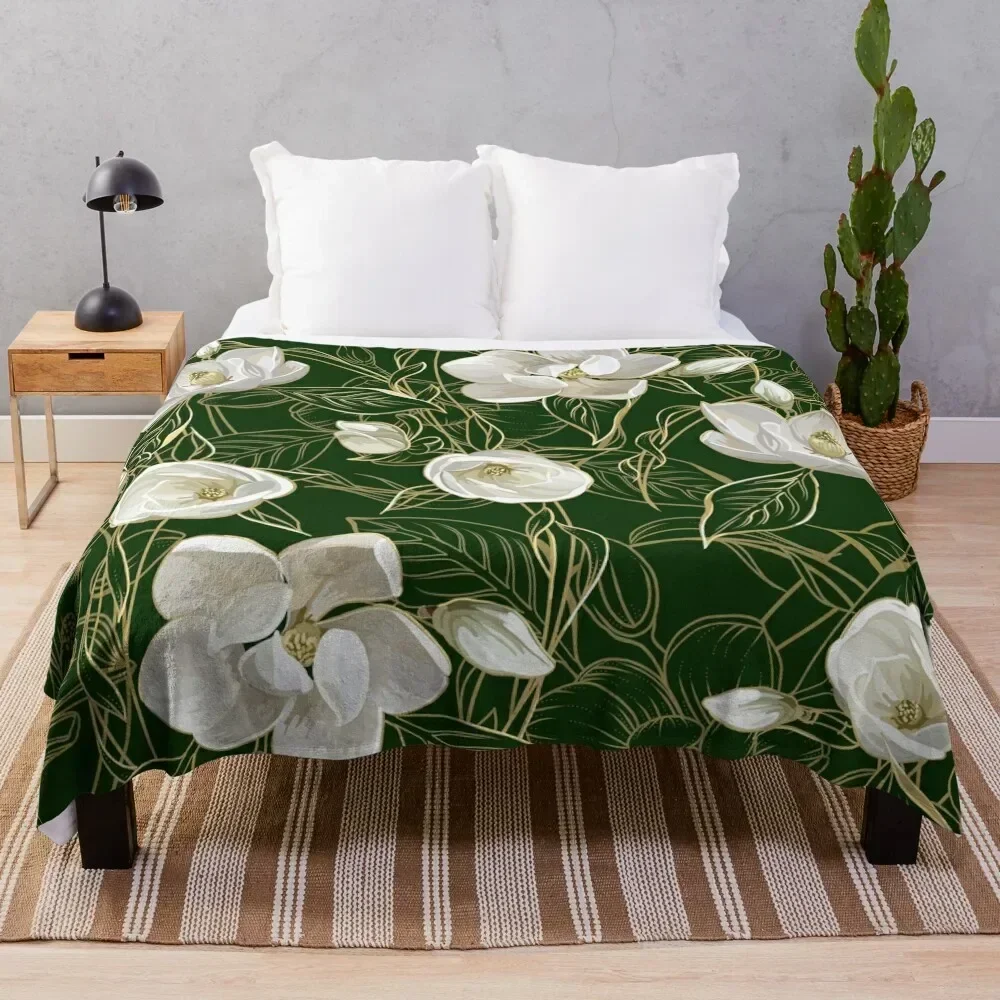

Modern Southern Magnolia Pattern on Deep Green Throw Blanket Elegant Warm Throw Blanket for Hotel Home