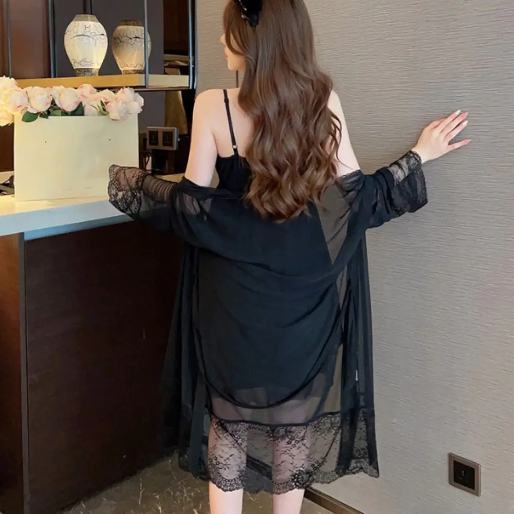 

Lace Bowknot Women Pajama Dress Nightgown Ruffle Homewear Suspender Nightdress Set Sleeveless Sleepwear