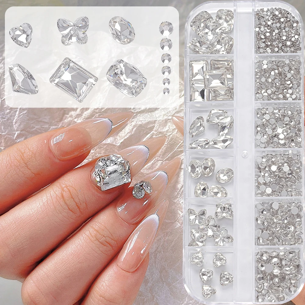 12 Grids 3D Flat Round Rhinestone Nail Charm Plus Large Shaped Nail Rhinestones Nail Gemstones Rectangular Strass DIY Nail Decor