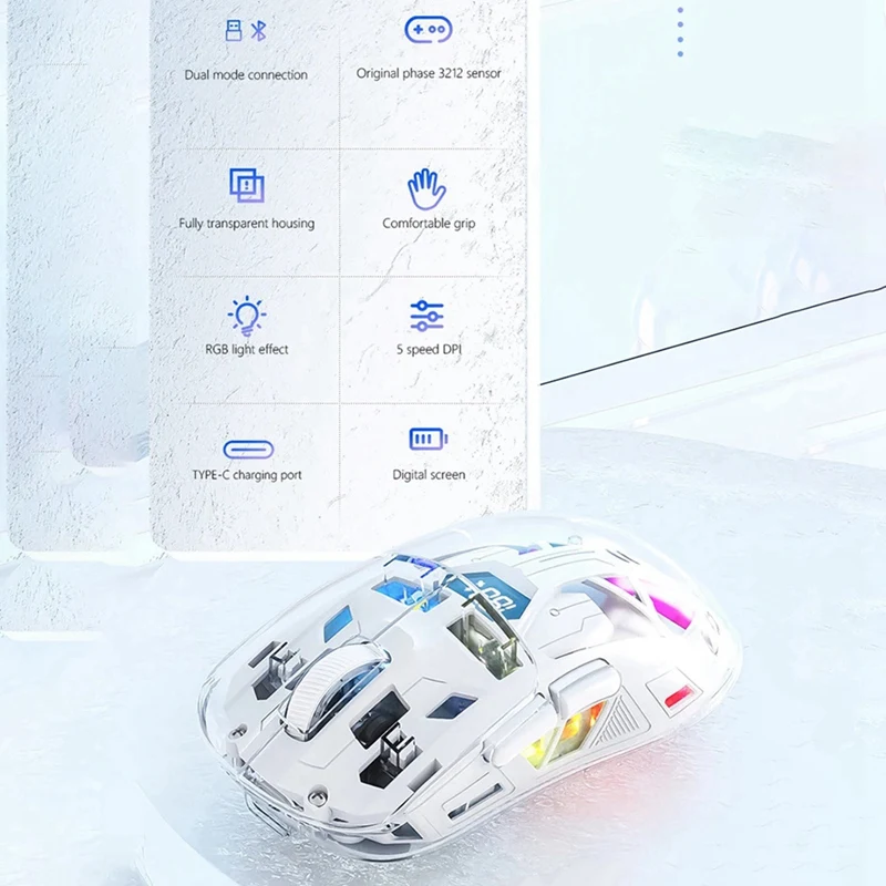 A7QHO-Transparent Wireless Mouse With Digital Screen,2.4G RGB 4000DPI 5-Step Adjustment,Bass Keys,Bluetooth Gamer Mouse