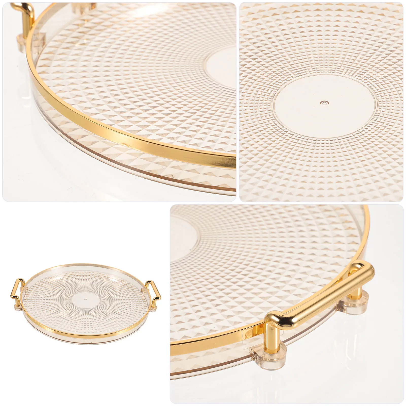 

Gold-edged Round Amber Color Lightweight Portable Serving Tray for Home Hotel Bar Tea Cup Snack Storage Tray