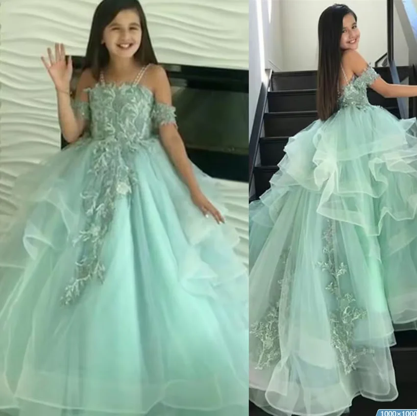 Rosa quente vestidos da menina de flor rendas beleza pageant casamento para crianças cinta espaguete crianças babados tule comunhão festa bola