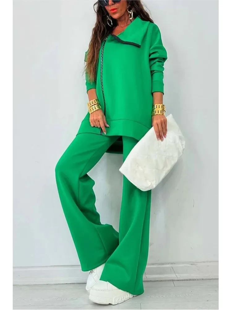 Jesień Zima Moda Luźne Stroje Kobieta Turtleneck Zipper Sweatshirt Wide Leg Pant Set Women Casual Long Sleeve Solid 2Pc Suit