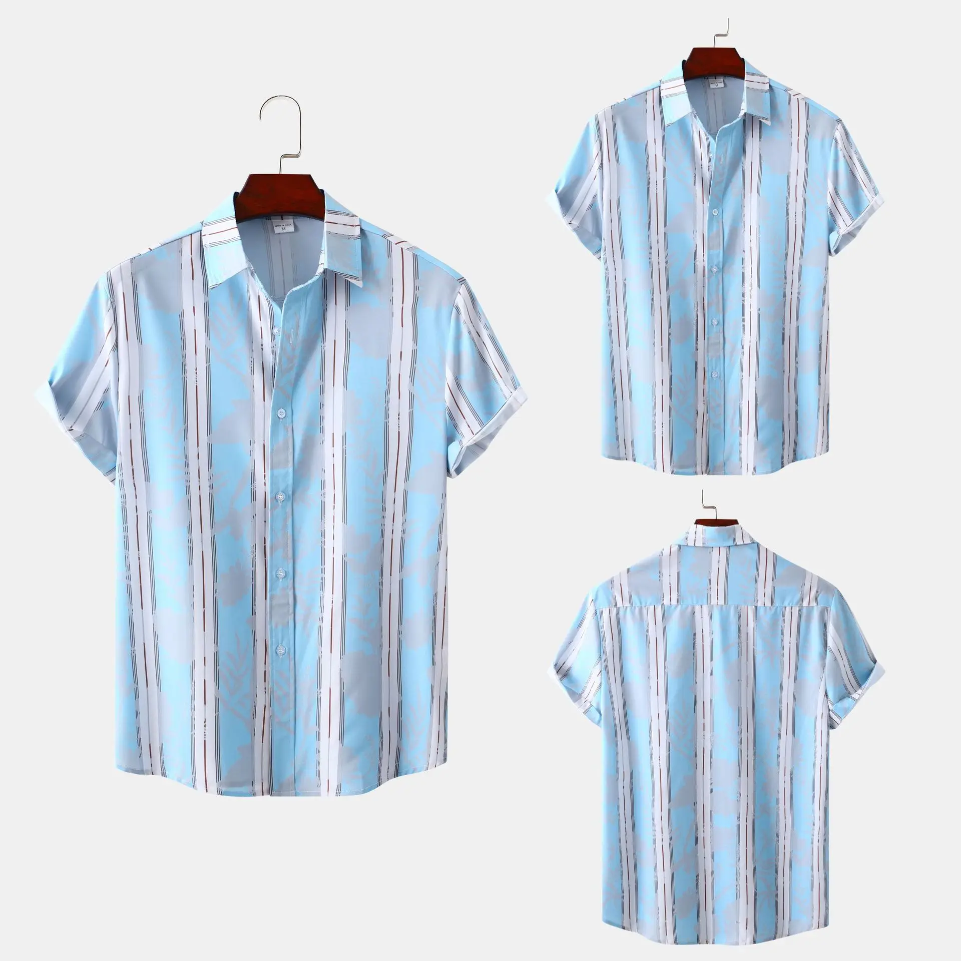 

Men's Short Sleeve Striped Shirt Contrast Stripe Casual Summer Loose Fit Regular Thickness Flip Collar Versatile Male Top