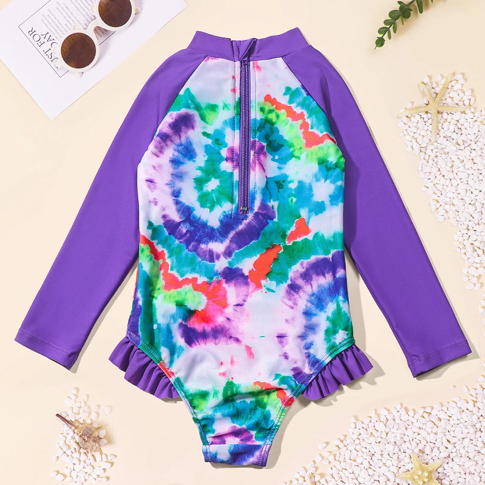 

Girls One Piece Swimsuits Long Sleeve Quick Dry Beach Swimwear Kids Hawaiian Bathing Suit Tie Dye Swim Shirts