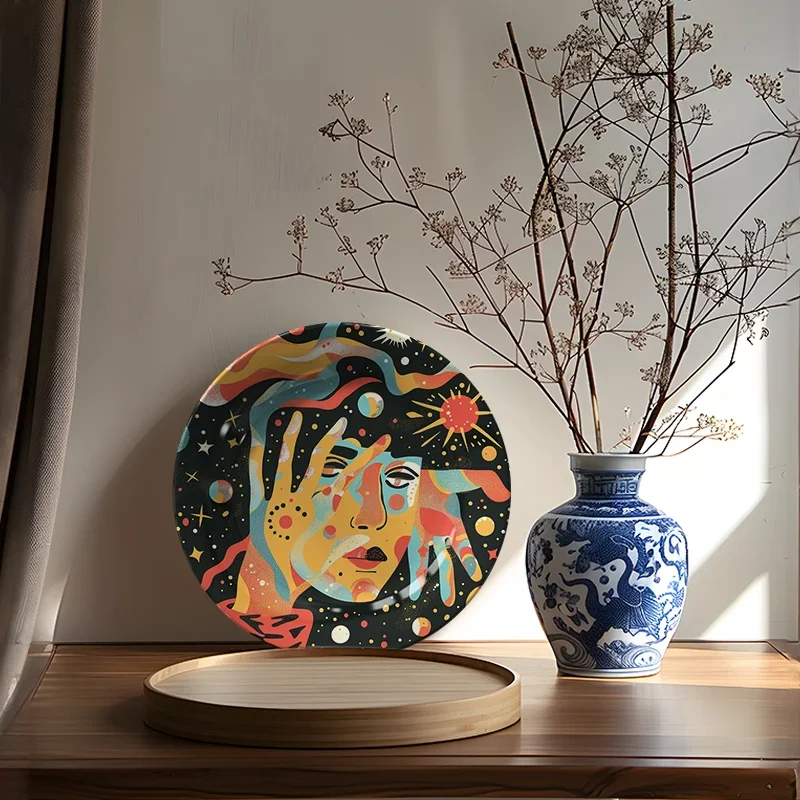 1pc Celestial Goddess Hand-Painted Ceramic Wall Art Plate - Vibrant Cosmic Design with Stars, Planets & Suns, Circular Artistic