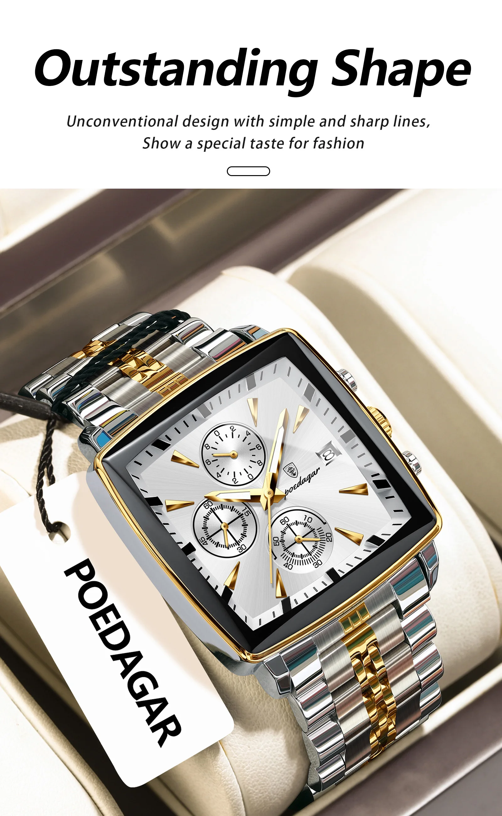 POEDAGAR Fashion Square Men Clock Luminous Waterproof Chronograph Date Men's Watches Stainless Steel Quartz Man Wristwatch Reloj