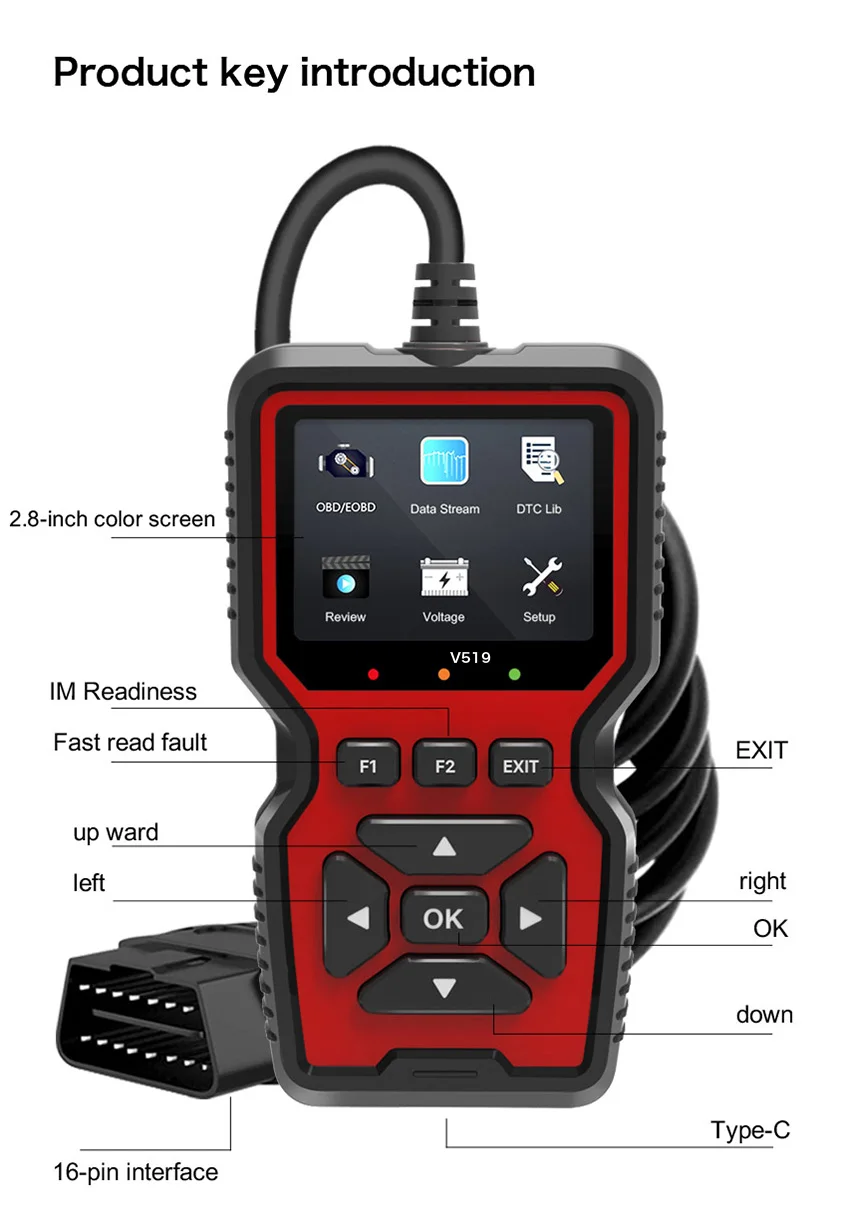 1 PC V519 Automotive Fault Diagnosis Instrument Engine Fault Reading Fault Code Query Playback Function Testing Tools