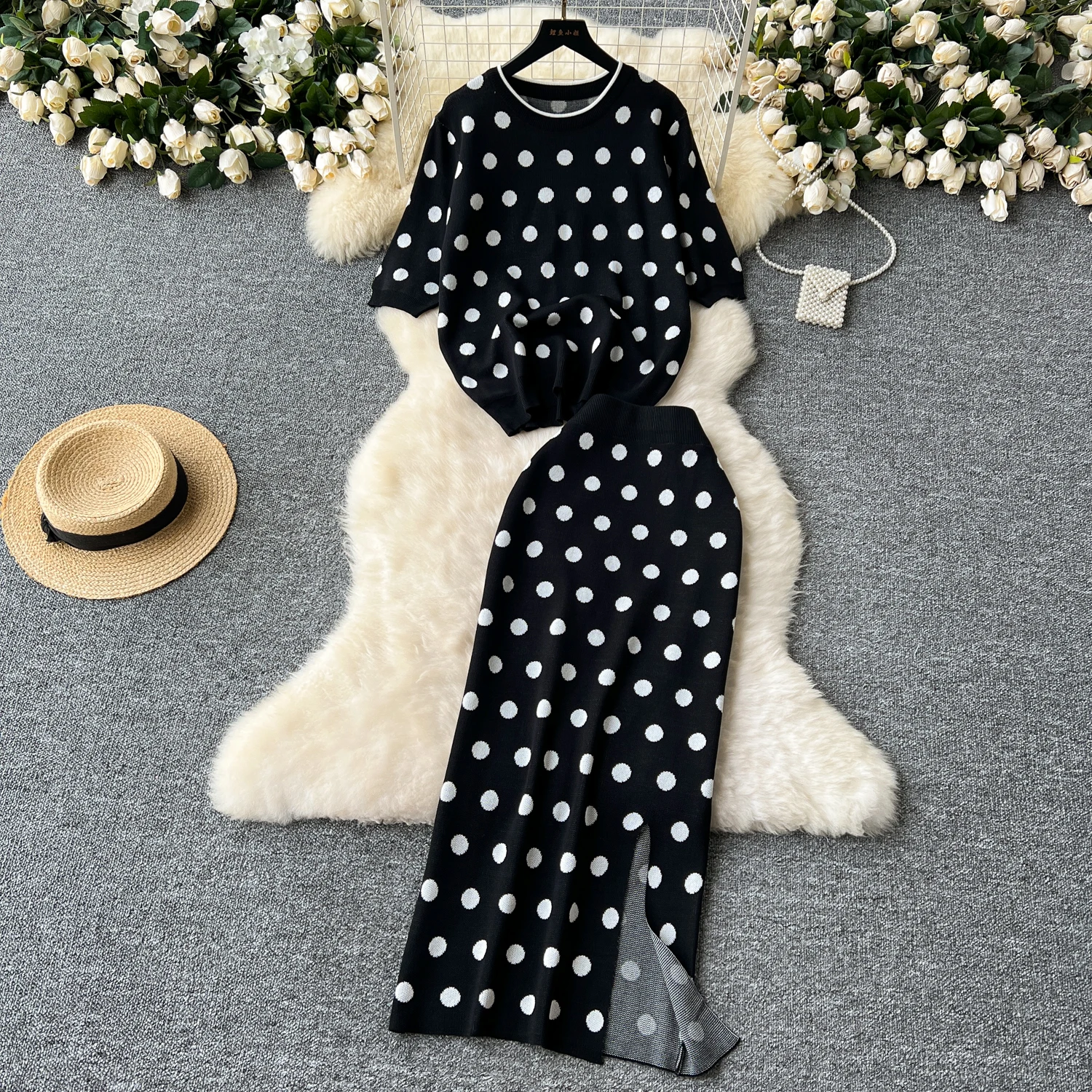 Korean Fashion Suit Female Autumn New Polka Dot Knitted Tshirt Tops +High Waist Split Midi Skirt Sets Knitwear 2 Piece Sets