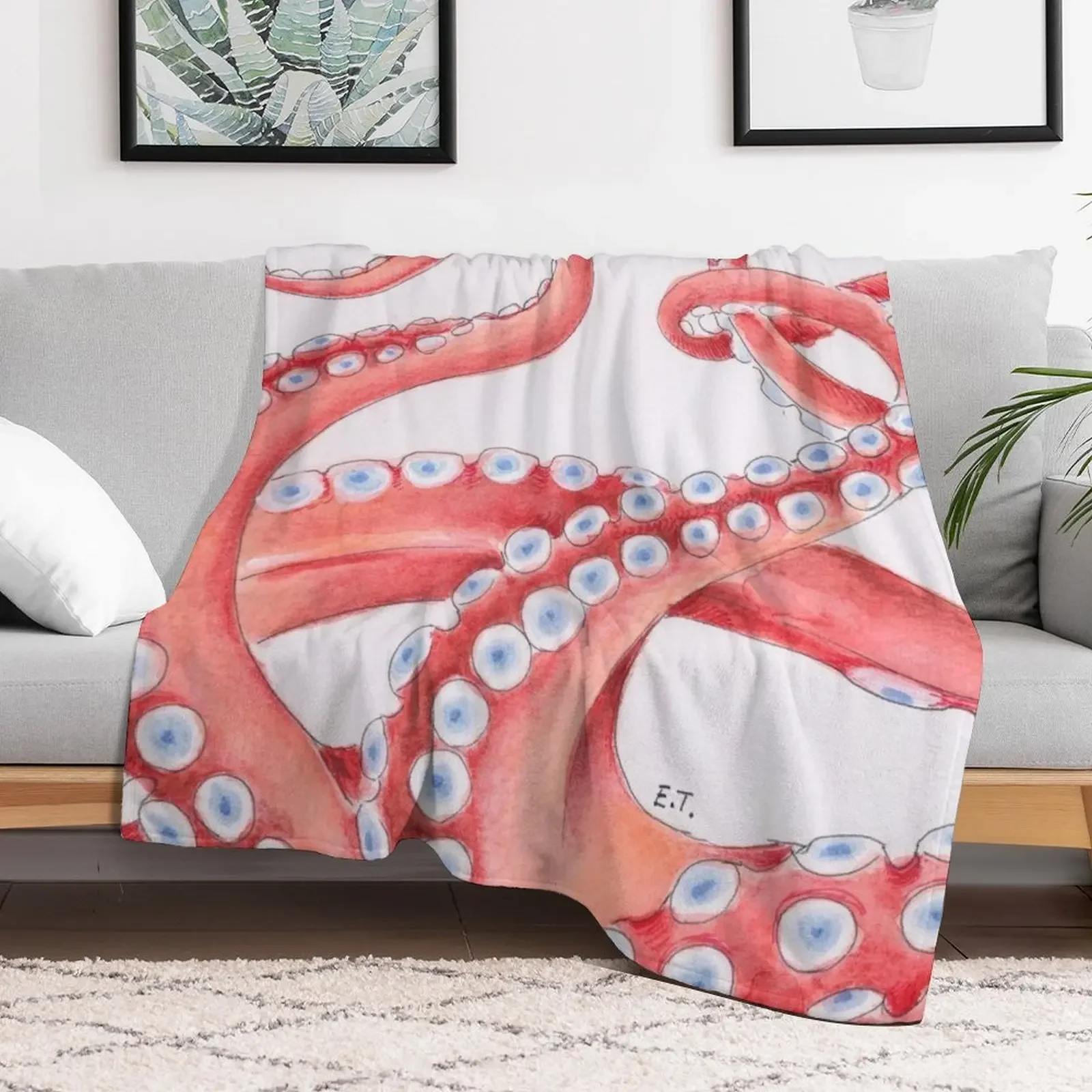 Red Tentacles Octopus Kraken Watercolor Ink dance Beach Exotic Throw Blanket Furry warm winter Blankets