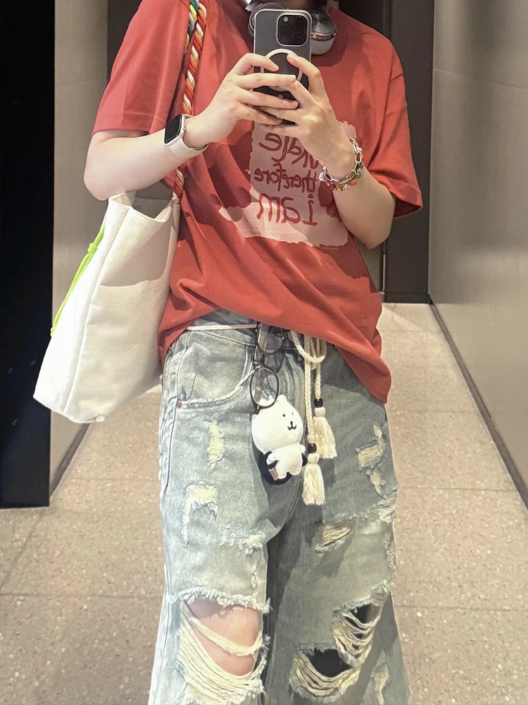 Sweet Cool Spicy American Style High Waist Jeans Short Pants Women Summer Loose Slim Straight Leg Wide Leg mid Pants