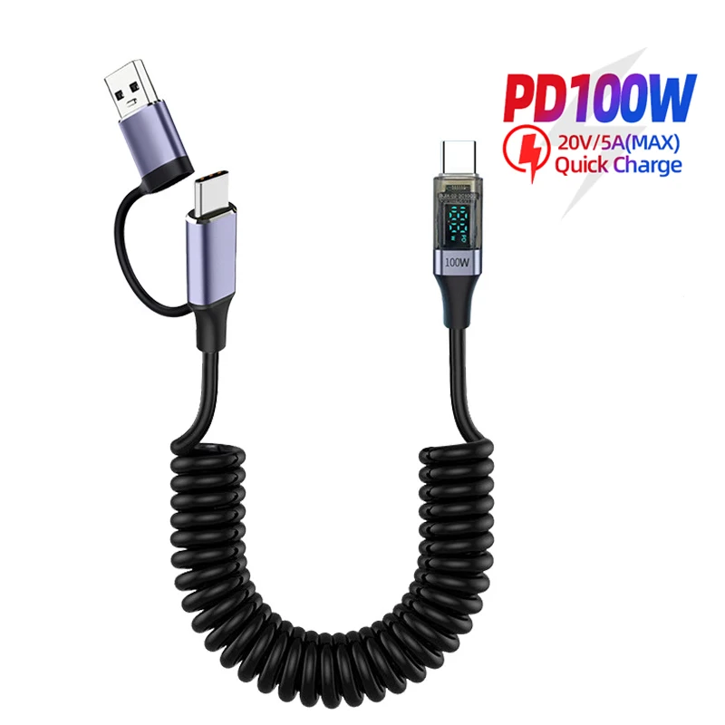 

PD 100W Spring Coiled Type C Fast Charging Cable 2 in 1 USB A/Type-C To USB C Data Wire Digital Display For iphone16 Huawei