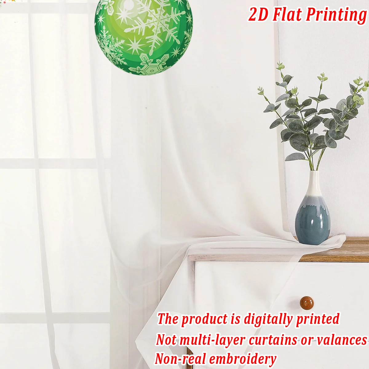 Christmas Flat Printing Sheer Curtain with Christmas Ball Garland Bell Pine Branches for Living Room Bedroom Decor Holiday Party