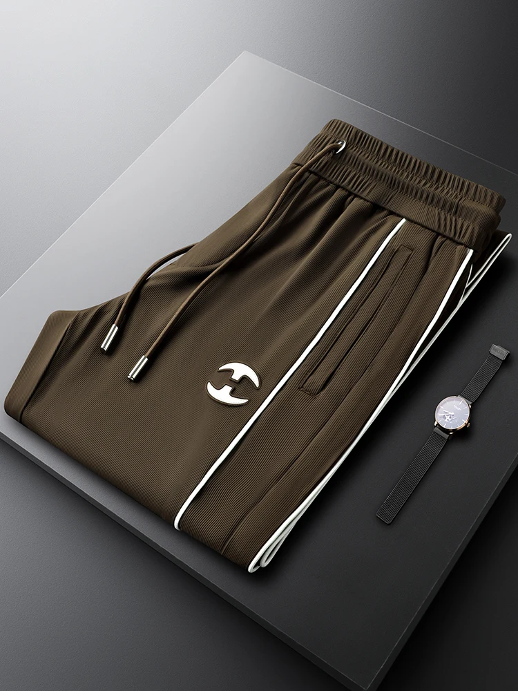 

Brown Striped Men's Casual Pants Slim Fit Straight Leg Spor Sweatpants Breathable Polyester Fiber Summer Wear