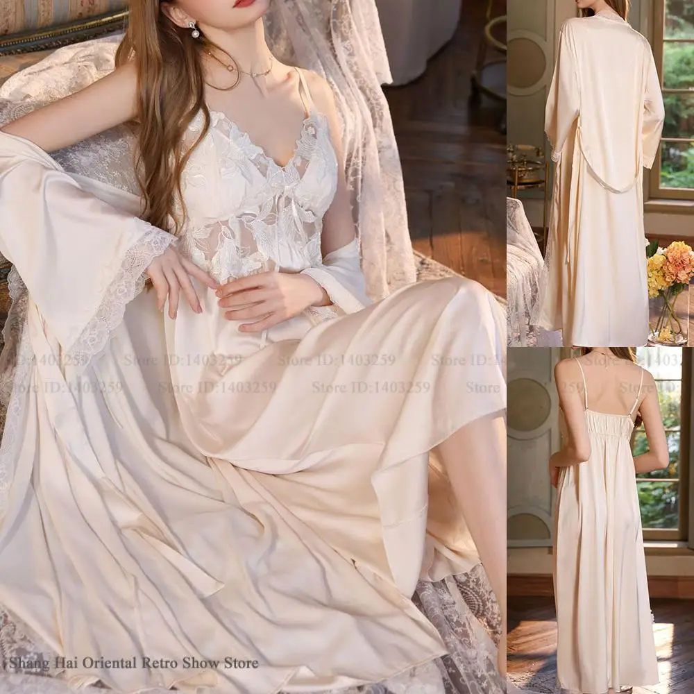 

Elegant White Lace Bride Wedding Robe Nightgown Set Long Bathrobe Kimono Gown Sexy Silk Satin Sleepwear Home Dress Lounge Wear