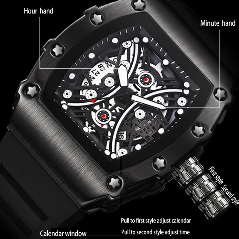 Luxury Watches Mens Automatic Date Sports Silicone Strap Waterproof AAA Clocks Fashion Tonneau Quartz Wristwatch Mans Gift