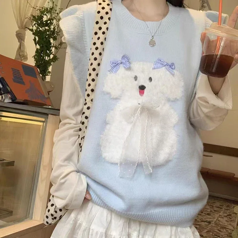 الكرتون الكلب القوس الجاكار الكشكشة كم سترة سترة المرأة الأزرق أكمام نمط Preppy سترة محبوكة غير رسمية المرأة ربيع الخريف