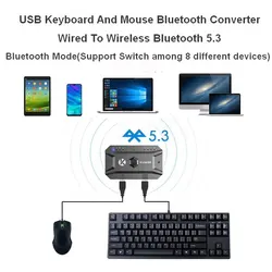 O teclado e o rato de usb bluetooth 5.3 adaptam, adaptador do cubo de bluetooth, rato prendido usb do teclado ao conversor sem fio de bluetooth