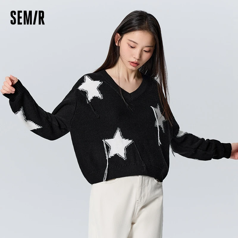 Semir Sweater Women Short Style Five-Pointed Star Sweater Winter Loose Style V-Neck Niche Trendy Sweater