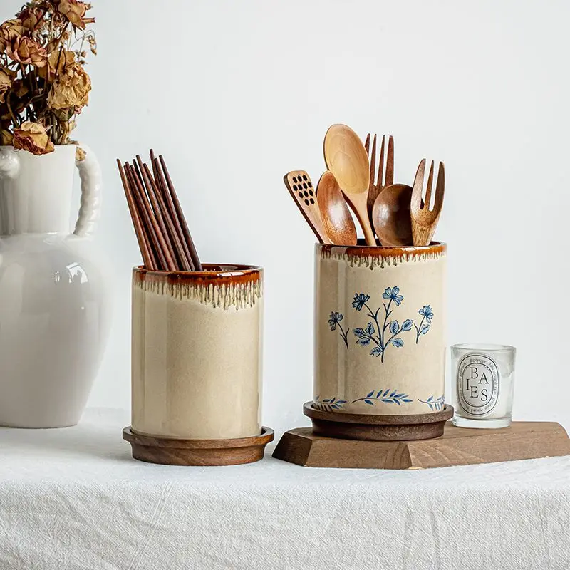 Drainable Chopstick Holder Ceramic Chopstick Holder Kitchen Cutlery Storage Jar Floral Arrangement Vase