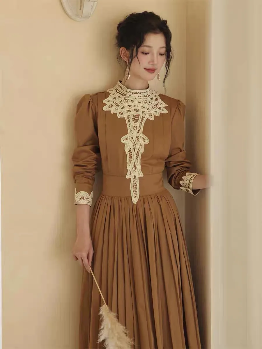 

84-96cm Bust Spring Autumn Original Design Women Vintage Inspired Lace Trimming Cotton Pleated Dresses