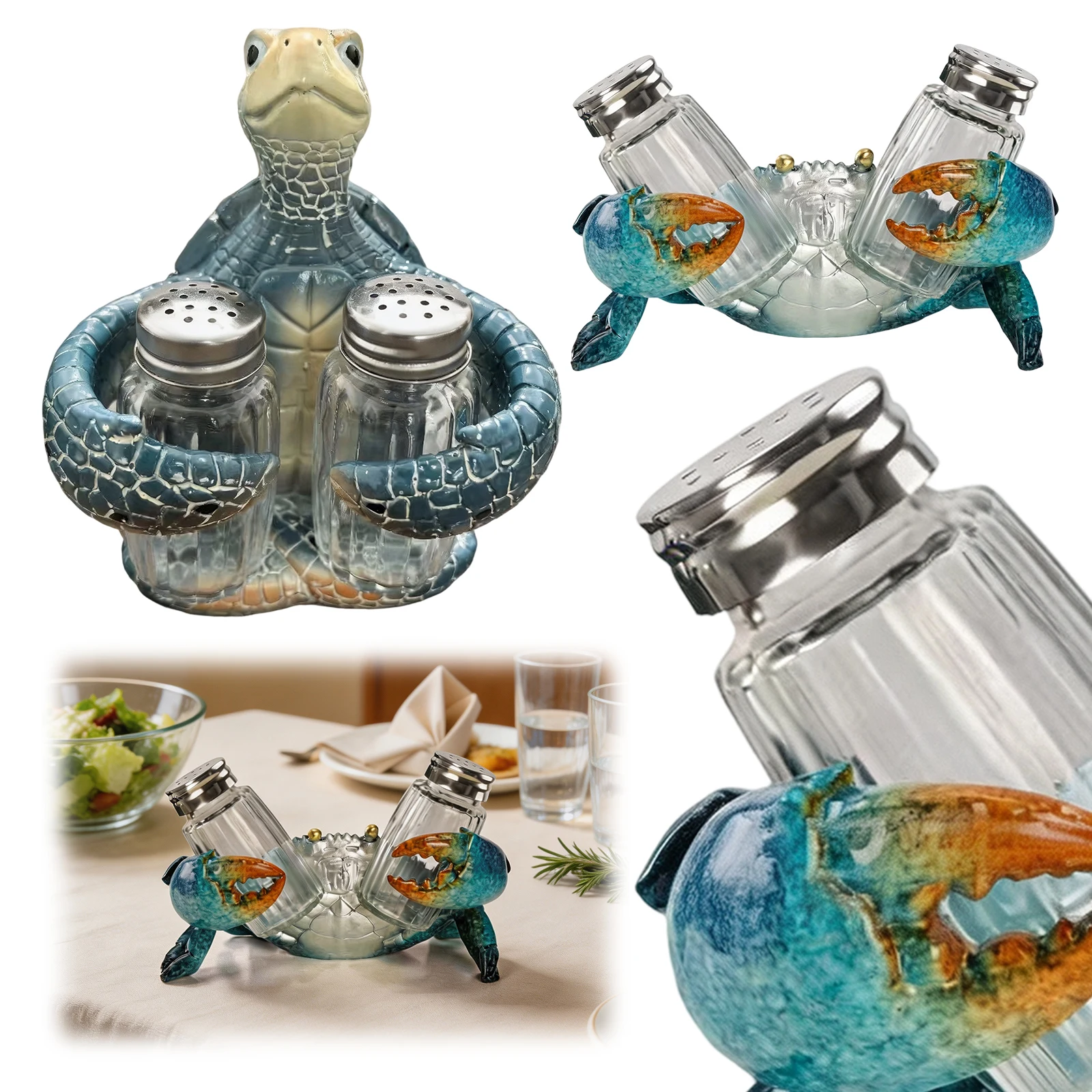 Coastal Crab Kitchen Decor Salt Pepper Shaker Set Distressed Teal Resin Countertop Organizer Gift