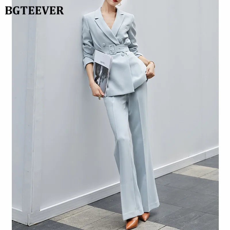 BGTEEVER Two Pieces Blazer Set Women Double Breasted Belted Jackets & Suit Pants Ladies Trousers Suits Autumn Outfits Female