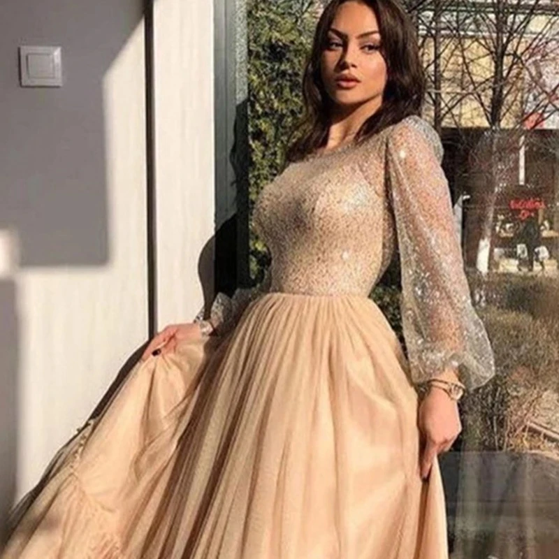 ANGELSBRIDEP Evening Party Champagne Long Sleeves Gowns Vestidos De Festa Sparkly Bodice Mother Of Formal Celebrity Prom Dress A