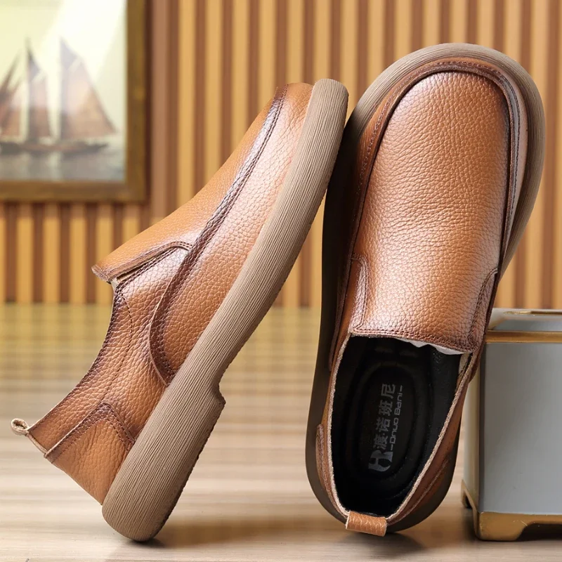 Summer Casual Genuine Leather Shoes Breathable Men's Wide Feet Beef Tendon Soles Napa Pattern Men's Loafers