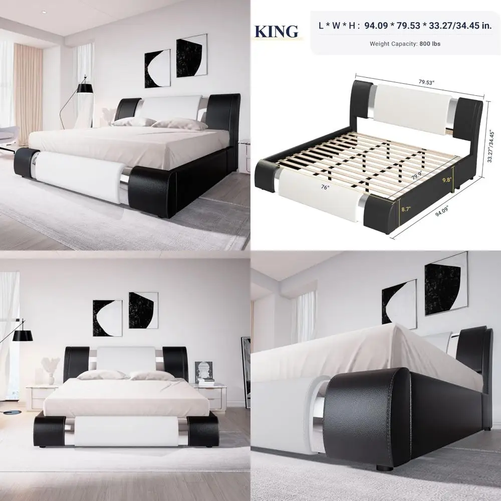 إطار سرير منجد من الجلد الصناعي مزين بالحديد مع لوح أمامي قابل للتعديل ودعم خشبي قوي لحجم الملكة