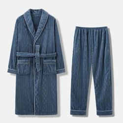 Men's Terry Kimono Winter Coral Fleece Thicken Warm Long Robe For Men+Flannel Long Pants Solid Soft Bathrobe Set pyjama homme