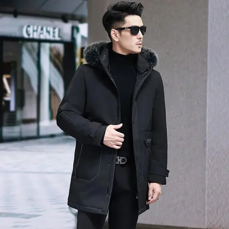 Faux Fox Fur Collar Long Down Jacket Man Designer Clothes Men Luxury Duck Padding Mens Winter Warm Coat