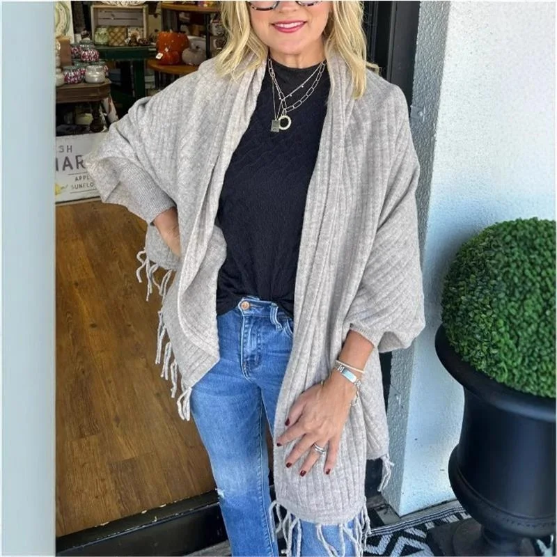 

Faionable вязаное пальто с кисточками, однотонное повседневное осенне-зимнее женское пальто, длинный свеч, летучая мышь, све, открытая карта...