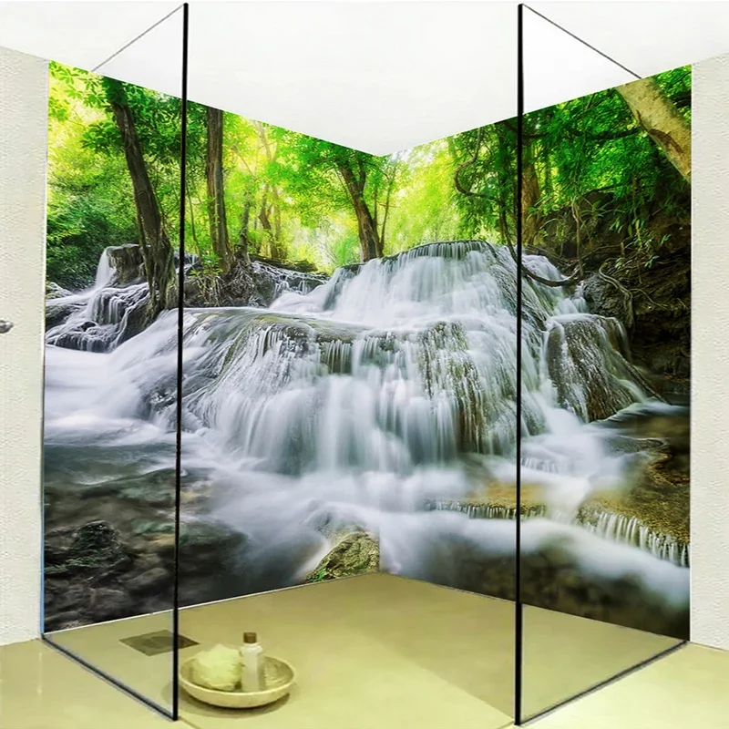 

Custom Self-adhesive Bathroom Mural Wallpaper 3D Waterfalls Forest Nature Scenery Wall Sticker PVC Wallpaper Papel De Parede 3 D