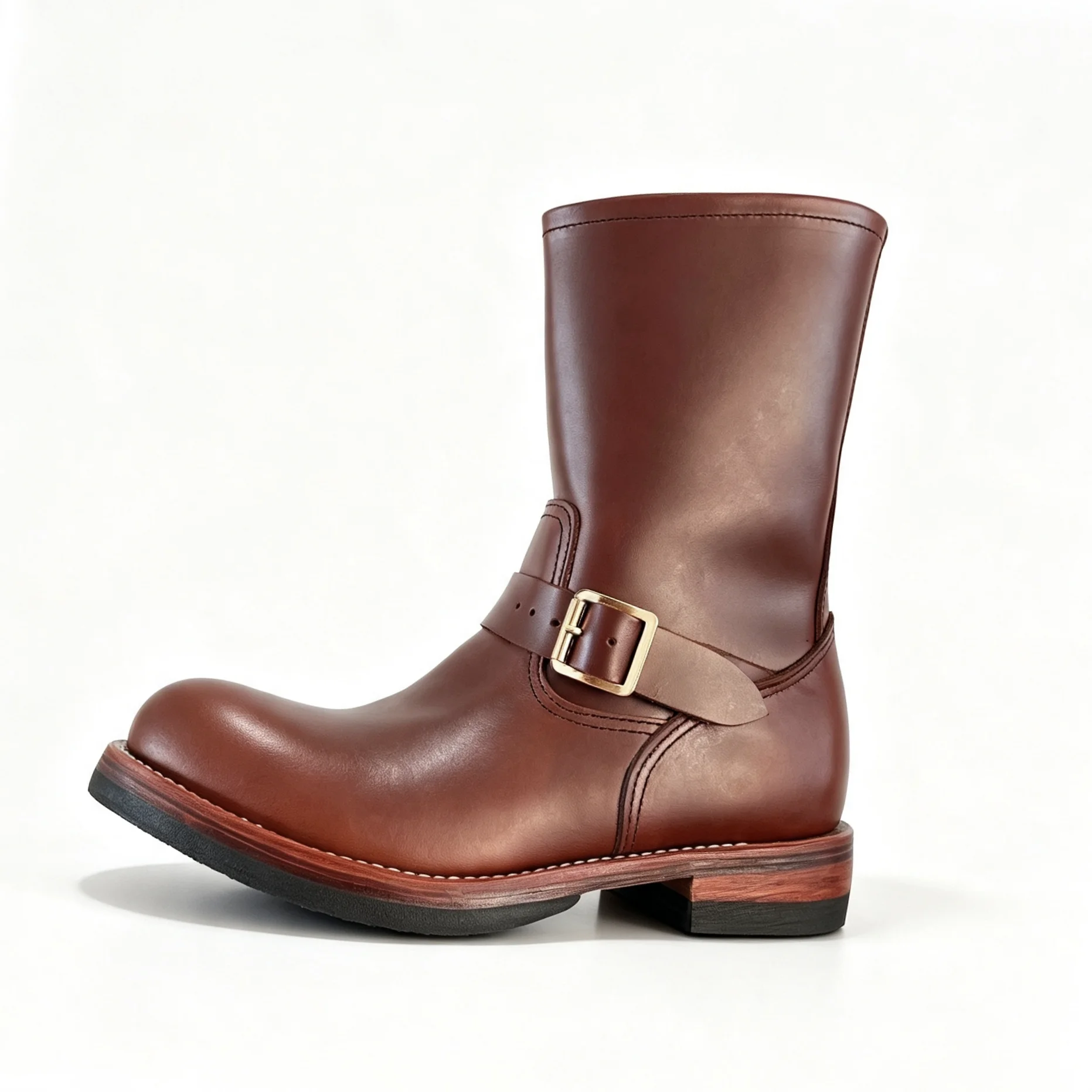 EBE999 Men High‑Shaft Engineer Leather Boots Goodyear Welt Single Buckle Vintage Motorcycle Thick Sole Work Boots For Men Daily