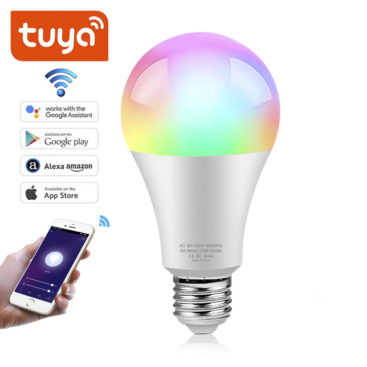 

WiFi Smart Lamp LED Light Bulb APP Voice Control 15W Color RGB Changeable Colorful RGBWW LED Lamp E27 B22 220V 110V Dimmable