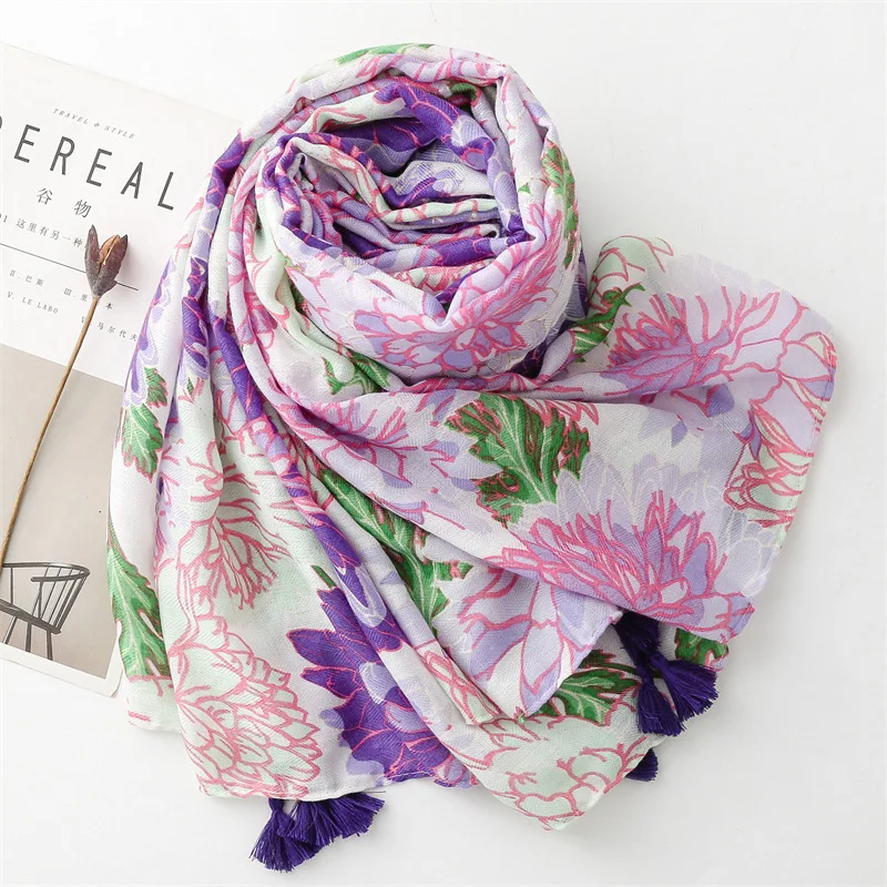 Vintage Purple Floral Neck Scarves Woman Muslim Hijab Women's Beach Cape Long Romantic Printed Designer Womens Shawl