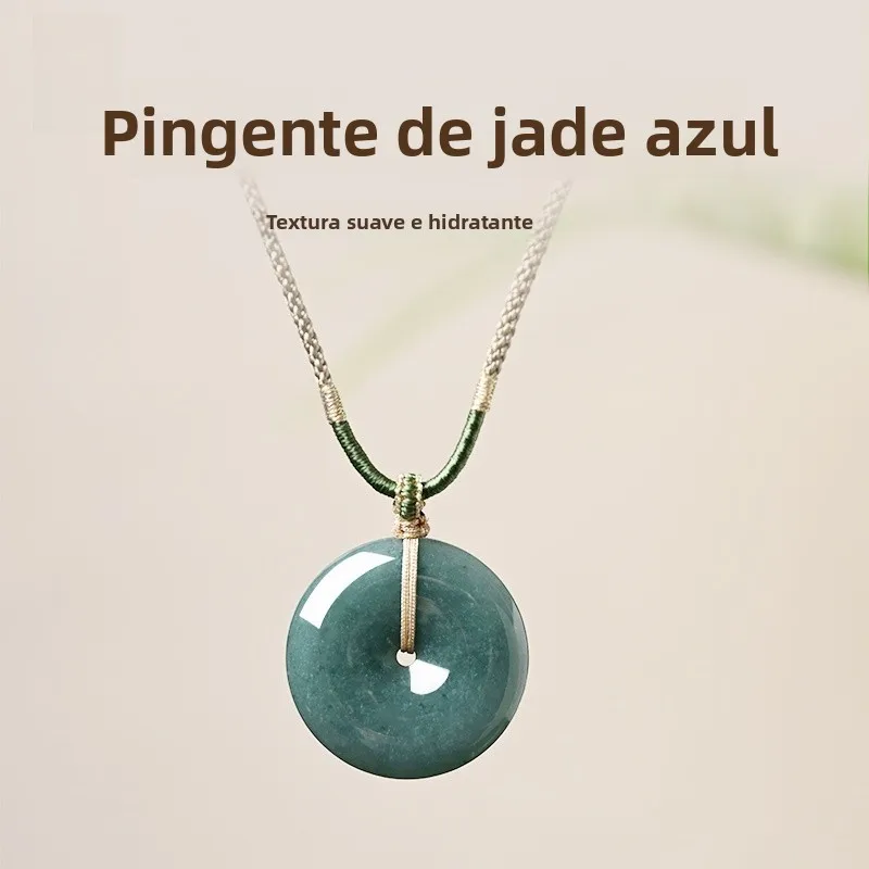 Colar com Pingente de Ágata Azul Gelo e Jadeíta Mauna, com Cordão Trançado e Fecho de Segurança, Cristal do Mar da China Orie...
