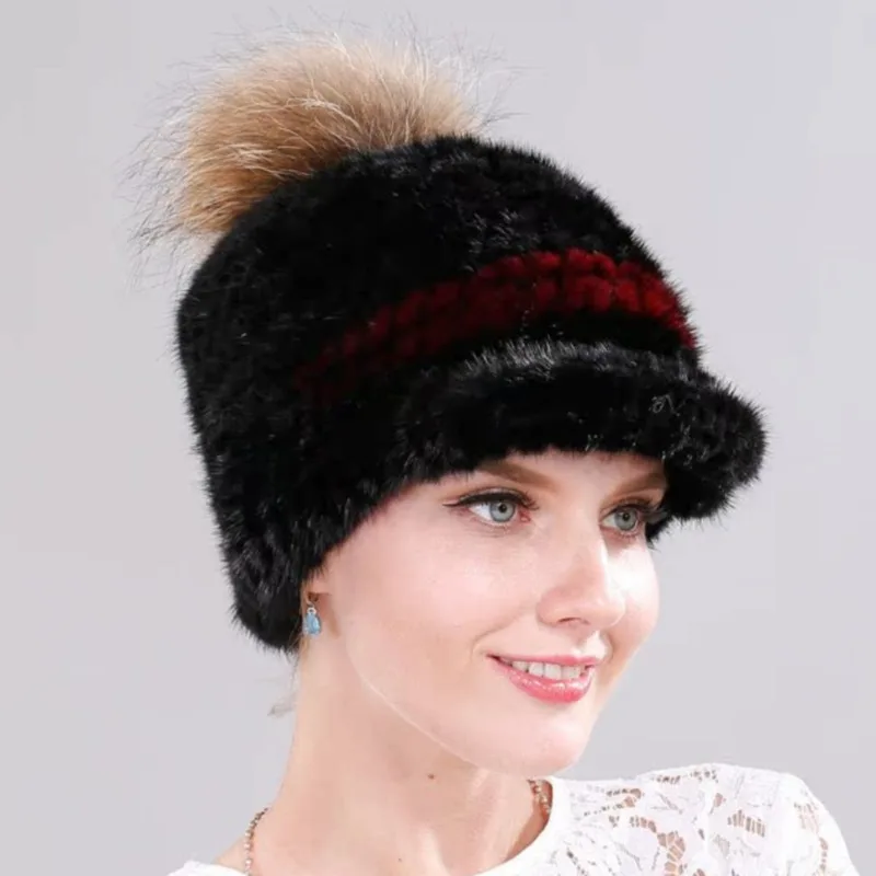 

Шапка из натурального норкового меха для женщин. Толстая шапка из норкового меха. Модная меховая шапка с лисьим мехом. Большой шарик. Теплые меховые шапки с защитой ушей.