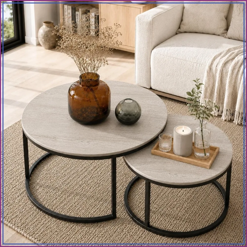 Nesting Tables Set of 2, Small Round Coffee Table for Living Room