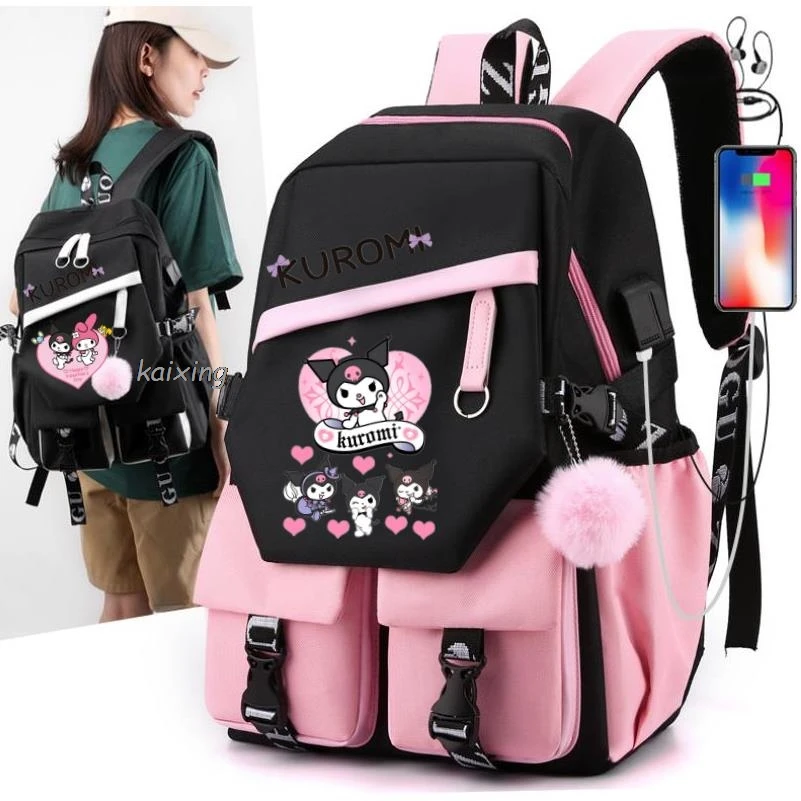 Hot Lovely Kuromi Melody Girls Boys Kids Usb Backpacks Cartoon School Book Bags Teenager Canvas Laptop Rucksack For Men Women