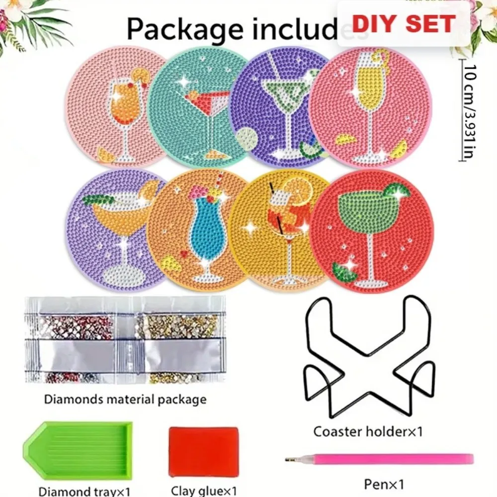 8PCS/6PCS With Stand DIY Painting Coasters Entry-level Handmade Round Art Coasters Heat Insulation Simple Diamond Coaster Kit
