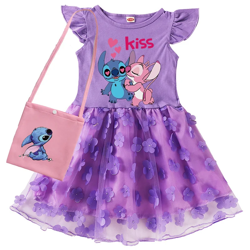 Hot Lovely Lilo And Stitch Princess Dress Children's Party Dresses Bag Cute Cotton Baby Girls Casual Short Sleeve Shirt Vestidos