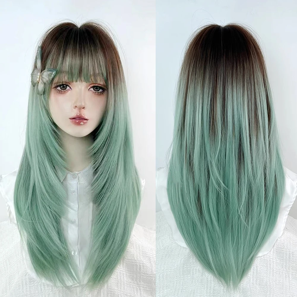 

Длинные прямые синтетические парики Коричневый Ombre Мятно-зеленый с челкой Пушистый женский парик Лолиты для косплея для повседневной вечеринки